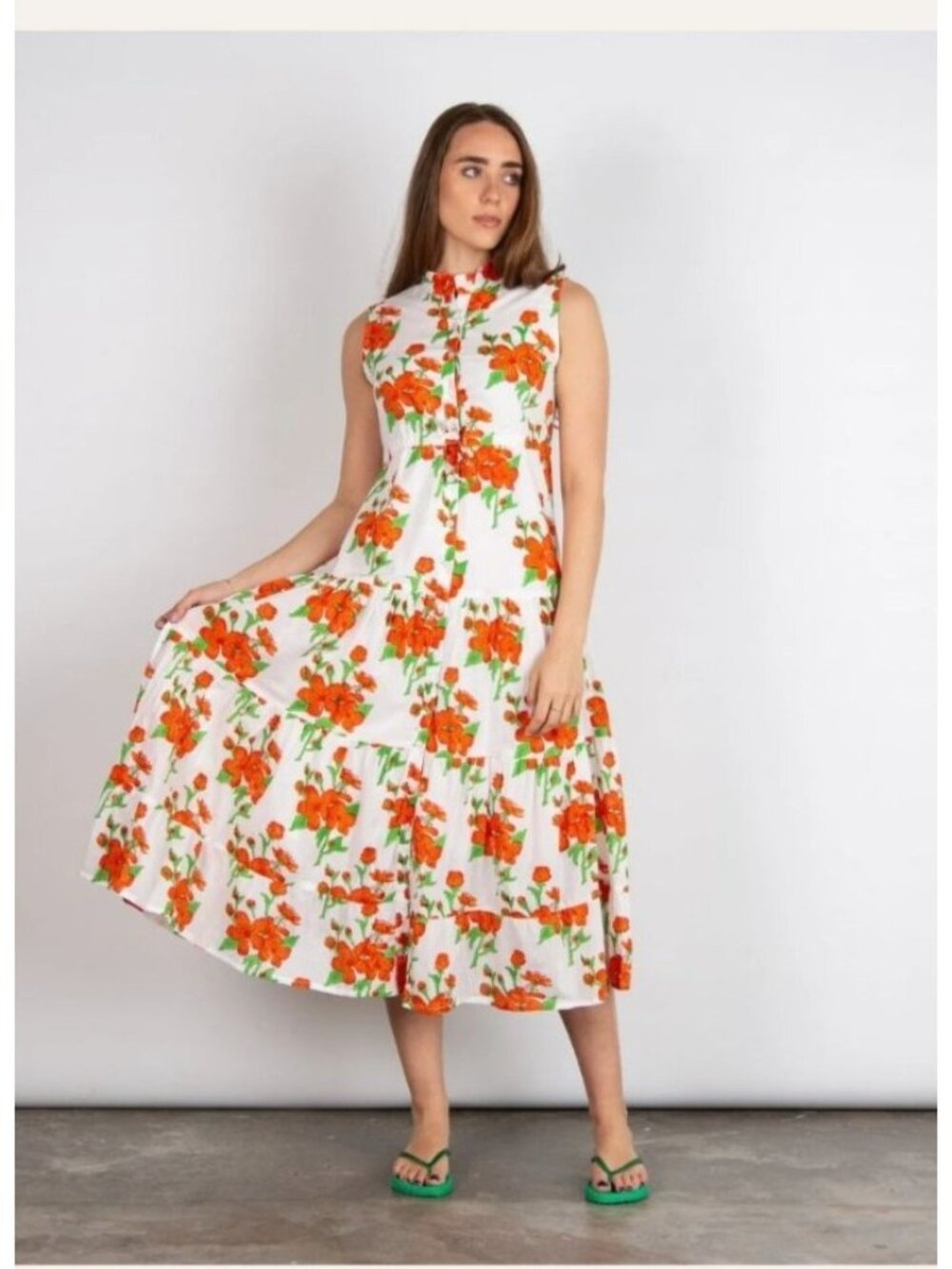Victoria‎ Dunn Magnolia Flutter SL Dress S Sleeveless Tie Waist Floral Tiered